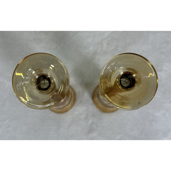 Amber Iridescent 8.25” Glass Flutes with Gold Patterned Overlay Heavy Charity - Picture 6 of 9